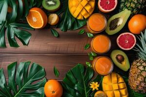 AI generated Fresh tropical fruit smoothie mango juice on wooden background with leaves and fruits photo