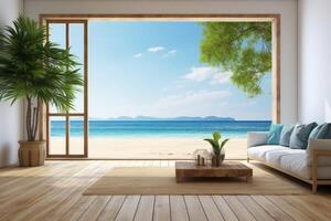 AI generated Sea view empty large living room of luxury summer beach house with wooden terrace. Minimal home interior with beach and sea view. photo