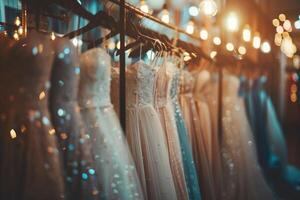 AI generated A collection of wedding dresses in a beautiful bridal boutique. photo