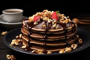 AI generated Delicious chocolate pancakes decorated with nuts photo