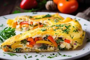 AI generated Healthy breakfast food, stuffed egg omelette with vegetable photo