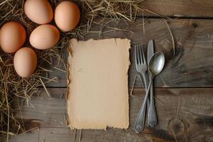 AI generated Easter dinner menu. easter eggs and menu board with fork and knife lying on wooden rustic table photo