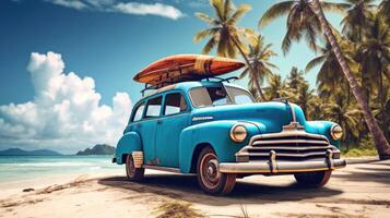 ai generado azul antiguo coche estacionado en un tropical playa foto