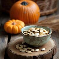 AI generated Pumpkin seeds in a small bowl on black background. photo