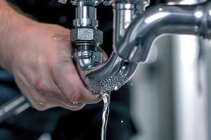 AI generated A plumber is repairing a pipe under a bathroom sink photo