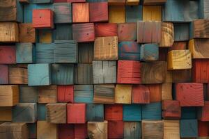 AI generated Abstract block stack wooden 3d cubes, colorful wood texture for backdrop photo