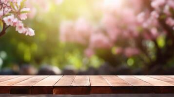 AI generated Empty wooden table in Sakura flower Park with garden bokeh background with a country outdoor theme, Template mock up for display of product photo