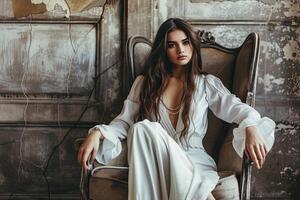 AI generated Portrait of a stunning fashionable model sitting in a chair, fashion campaing. photo