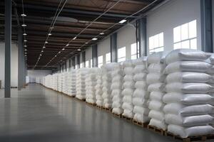 AI generated Rows of big white sacks at large warehouse in modern factory. photo