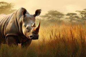 AI generated White rhinoceros grazing in a grass field. photo