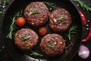 AI generated Organic beef hamburger patties with spices in a frying pan. Top view. photo