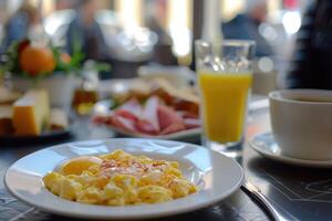 AI generated Breakfast served with coffee, orange juice, scrambled eggs, cereals, ham and cheese. photo