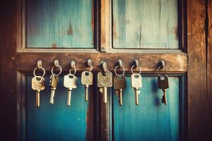 AI generated Hanging set of keys on wooden background photo