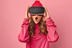 AI generated Shocked young woman learning world in virtual reality headset. photo