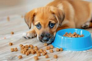 AI generated A small puppy looks reproachfully at a blue bowl full of dog food scattered on the floor. photo