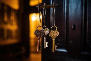 AI generated Hanging set of keys on wooden background photo