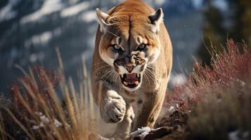 ai generado rugido Puma o montaña león caza sus presa foto