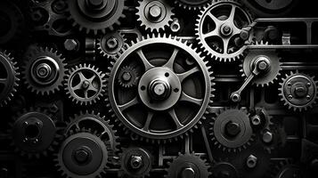 AI generated Retro black and white background of industrial cogs or gears with movement photo