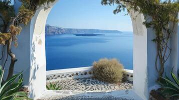 AI generated View of the sea from the house through the arch, Santorini island, Greece. photo