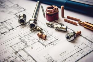 AI generated Plumbing tools and materials on paper plans photo