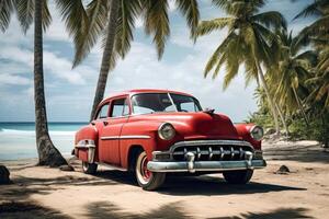 AI generated Red old car parked on a tropical beach photo