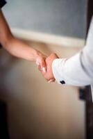 Handshake close view background. Business agreement, deal concept photo