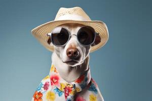 ai generado un perro vistiendo un floral camisa y Gafas de sol foto