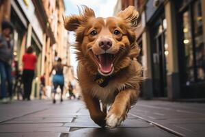 ai generado un perro corriendo abajo un calle con sus boca abierto foto