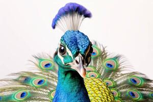 ai generado un pavo real con brillante plumas en sus cabeza foto