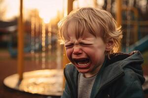 ai generado un joven niño llorando en frente de un patio de recreo foto