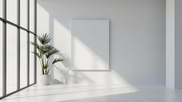 AI generated empty room with white walls and a plant photo