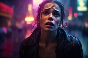 AI generated a woman standing in the rain on a city street photo