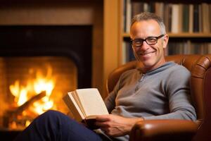 AI generated a man sitting in front of a fireplace reading a book photo