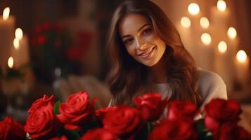 ai generado mujer recepción un ramo de flores de rojo rosas. foto