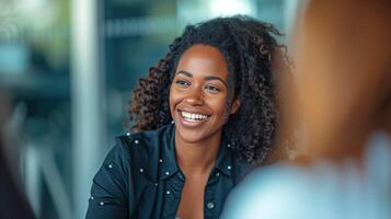 AI generated a woman smiling while sitting at a table with other people photo