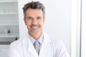 AI generated a man in a lab coat standing in front of a white wall photo