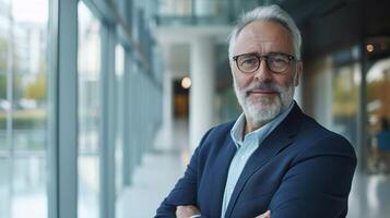 AI generated portrait of a mature businessman standing in an office building photo