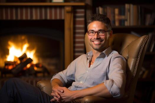 AI generated a man with glasses sitting in front of a fireplace photo