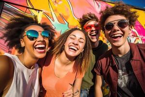 AI generated group of friends laughing and smiling in front of graffiti wall photo