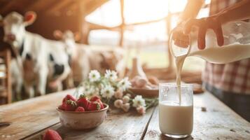 AI generated a person pouring milk into a glass on a table photo