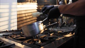 Chef shakes pot with wrist to cook gourmet dish video