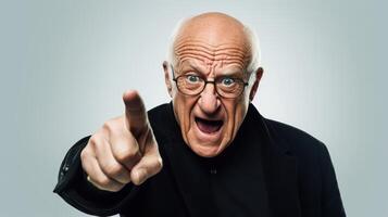 AI generated Elderly man, dressed in black, 60years old, pointing up. photo