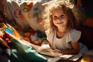 ai generado niño acostado en un frazada, leyendo un libro. foto