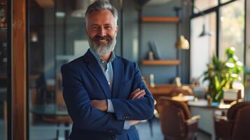 ai generado contento medio Envejecido negocio hombre CEO en pie en oficina brazos cruzado. foto