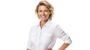 AI generated Woman, Agribusiness and Farming profession, smiling, white background, photo