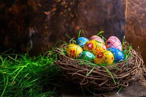 AI generated Colorful painted happy easter eggs in birds nest basket on rustic wooden photo