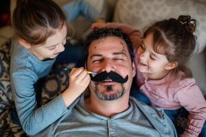 ai generado niños dibujo un Bigote en del padre cara foto