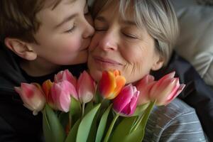 AI generated tender son kisses the happy mother and gives her a bouquet of tulips, congratulating her on mother's day photo