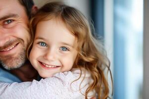 AI generated Father's day. Happy family daughter hugging dad and laughs on holiday photo