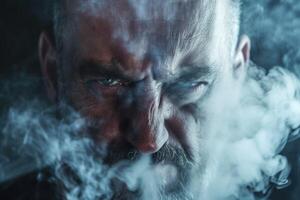 AI generated Closeup portrait of angry man, blowing steam coming out photo